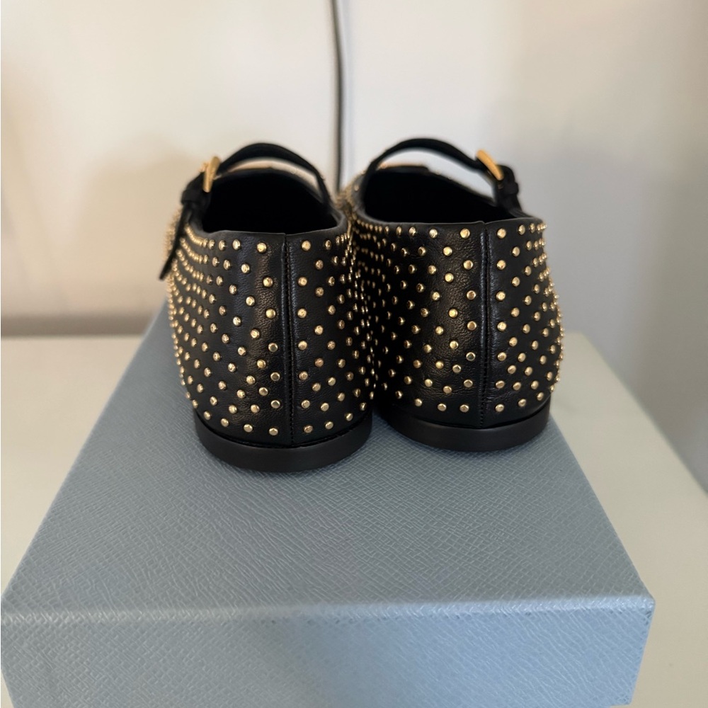 Prada Black Studded Mary Jane Flats with Gold Accents - Picture 6 of 6